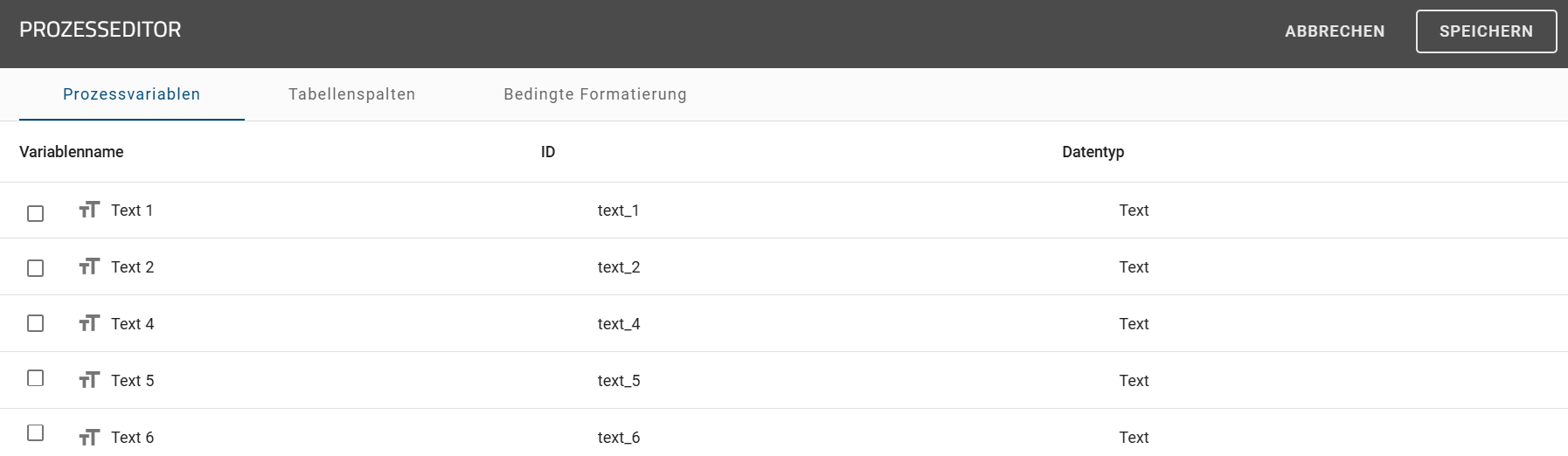 Der Screenshot zeigt den Prozesseditor mit dem ausgewählten Reiter "Prozessvariablen" und allen verfügbaren Prozessvariablen.