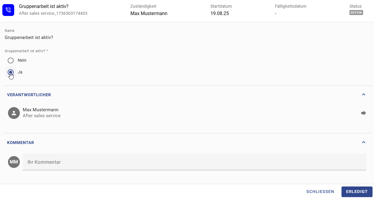 Auf diesem Screenshot ist eine Entscheidung mit einem exklusiven Gateway im Pop-Fenster der zugehörigen Aufgabe dargestellt.