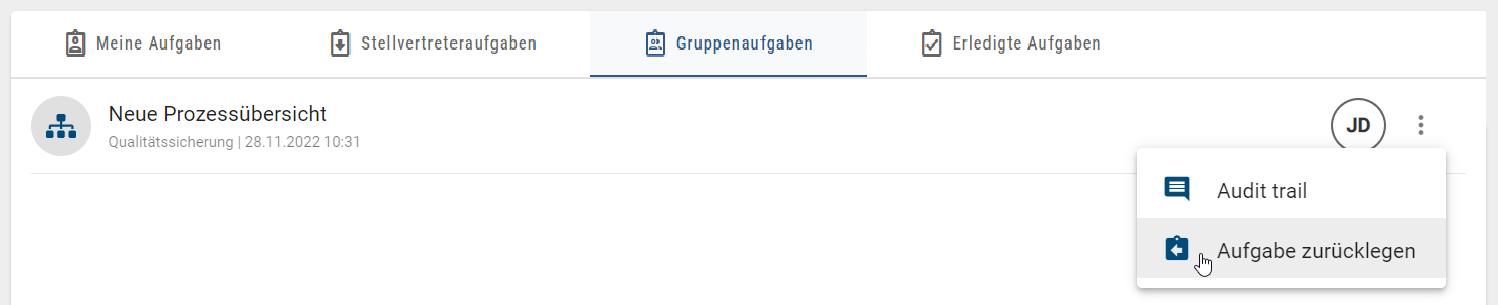Der Screenshot zeigt die Option, um eine Gruppenaufgabe zurückzulegen.
