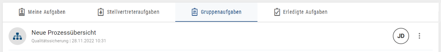 Der Screenshot zeigt, dass die Gruppenaufgabe von dem Benutzer mit den Initialen JD übernommen wurde.