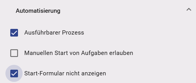 Der Screenshot zeigt die ausgewählte Checkbox "Start-Formular nicht anzeigen".
