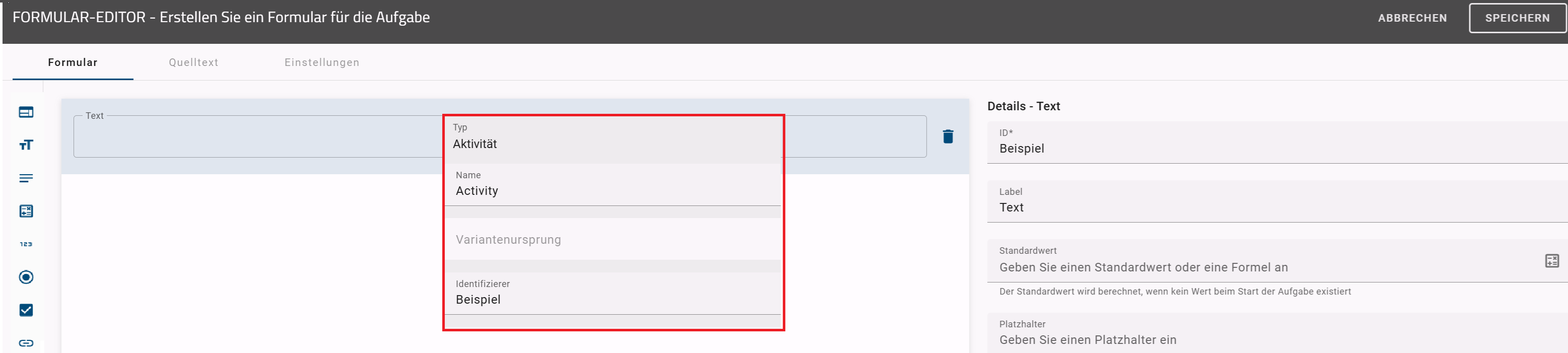 Der Screenshot zeigt den Formular-Editor und die Attributleiste einer Rolle in BIC Process Design. Der "Idenzifizierer" der Rolle ist mit demselben Wert gepflegt wie die ID des Textfelds im Formular.
