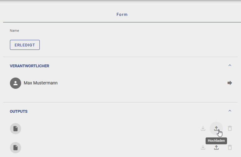Hier wird die Funktion "Hochladen" genutzt, um ein Output Dokument zu pflegen.