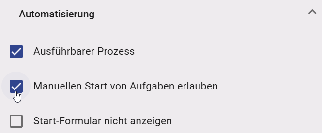 Der Screeshot zeigt die ausgewähle Checkbox "Manuellen Start von Aufgaben erlauben".