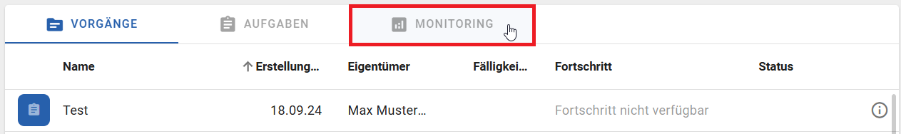 Der Screenshot zeigt die Tabs in der Vorgangsliste einer ProcessApp.