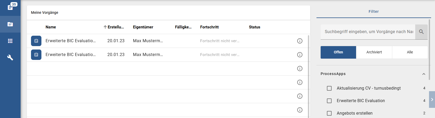 Der Screenshot zeigt Ihnen den Bereich "Meine Vorgänge".