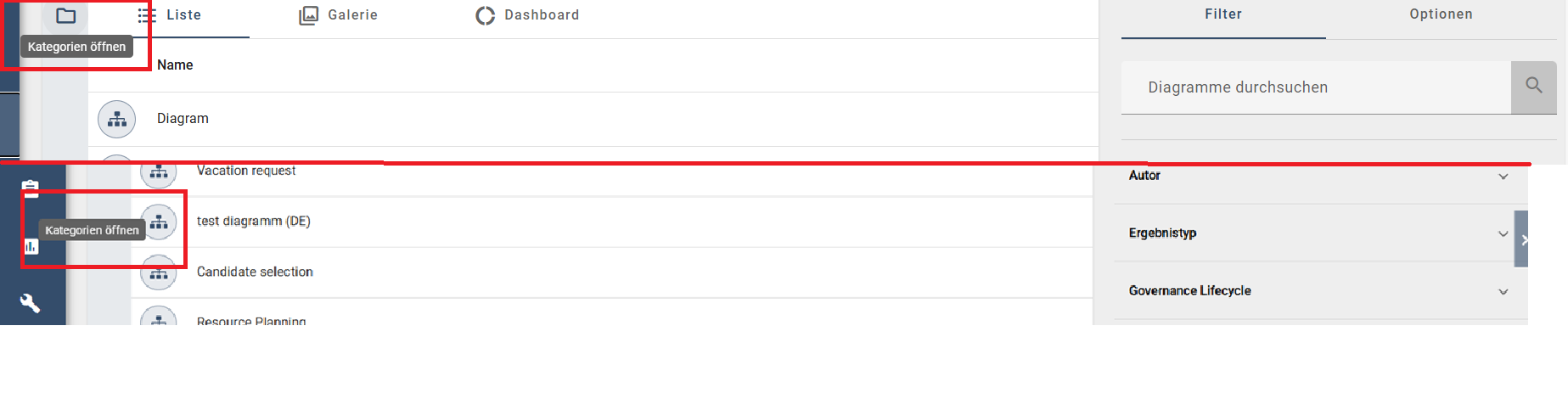 Der Button zum Öffnen der Kategorien ist hier abgebildet.