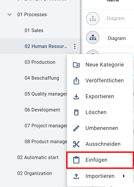 Der Screenshot zeigt die Option "Einfügen" für die ausgewählte Kategorie.
