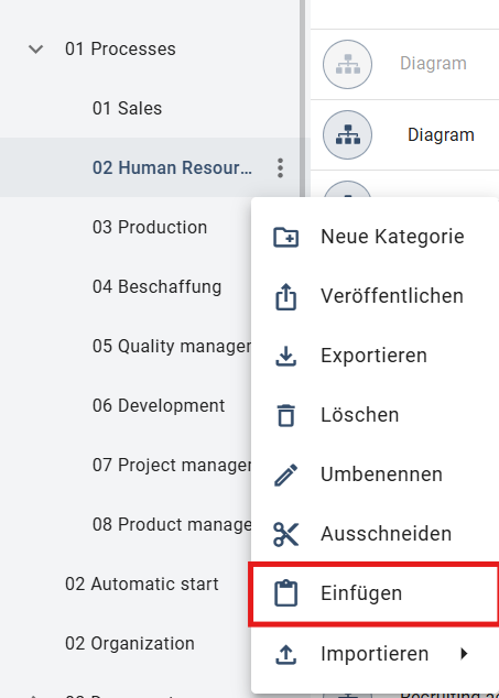 Der Screenshot zeigt die Option "Einfügen" im für die ausgewählte Kategorie.