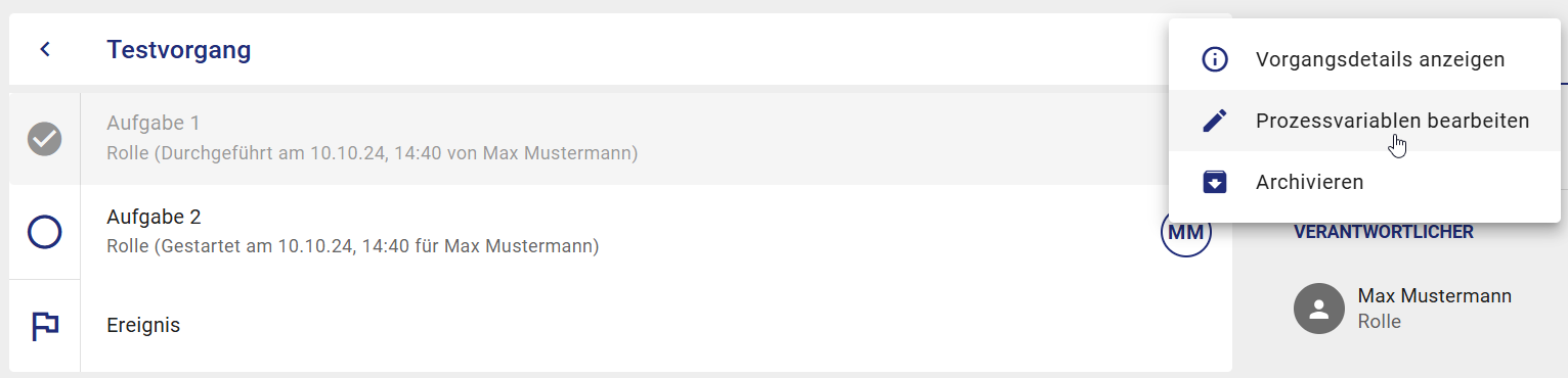 Hier wird im Kontextmenü eines Vorgangs die Option "Prozessvariablen bearbeiten" gezeigt.