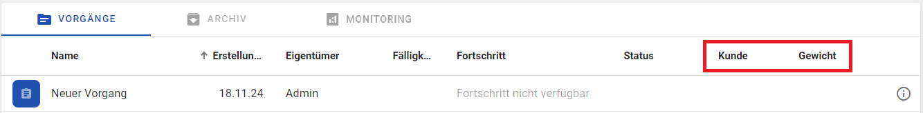 Der Screenshot zeigt die neuen benutzerdefinierten Spalten in der ProcessApp.