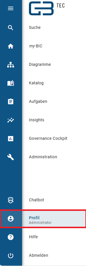 Der Screenshot zeigt die Option "Profil" im Menü.