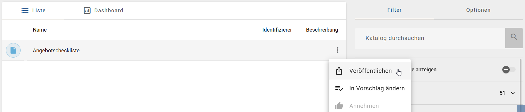 Hier wird die Schaltfläche "Veröffentlichen" eines Katalogeintrags im Kontextmenü angezeigt.