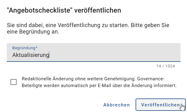 Der Screenshot zeigt den Veröffentlichungsdialog eines Katalogeintrags.