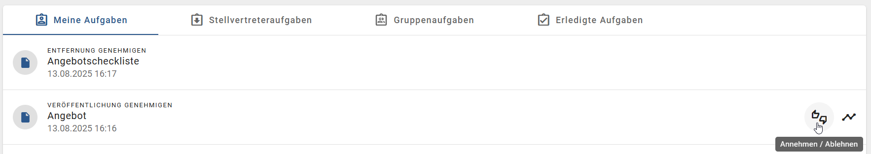 Der Screenshot zeigt den Aufgabenbereich, in dem die Veröffentlichung eines Katalogeintrags genehmigt bzw. abgelehnt werden muss.