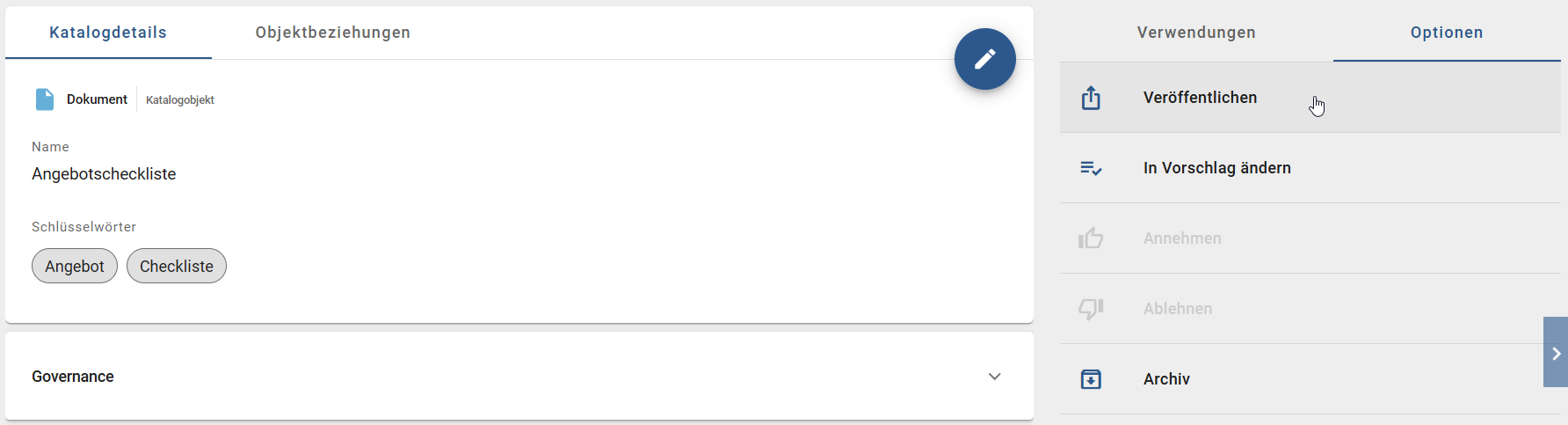 Hier wird die Schaltfläche "Veröffentlichen" eines Katalogeintrags in den Optionen angezeigt.