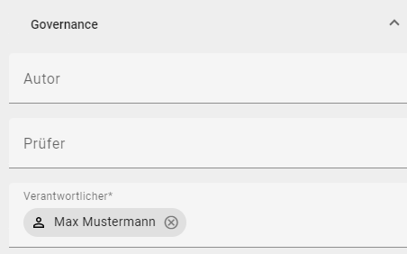 Der Screenshot zeigt die Governance-Attribute eines Diagramms mit dem eingetragenen Verantwortlichen Max Mustermann.