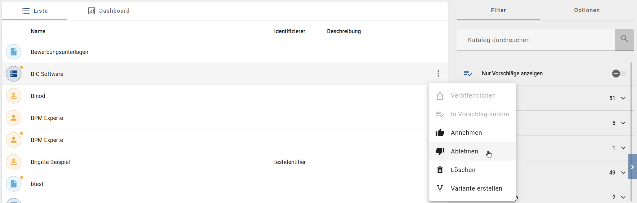 Dieser Screenshot zeigt die Option "Ablehnen" in den Optionen eines Katalogeintrags.
