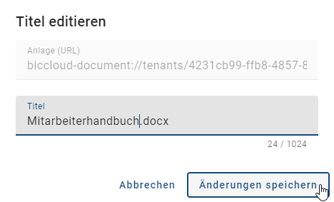 Dieser Screenshot zeigt das Dialogfeld "Titel editieren" von Anlagen (URL).