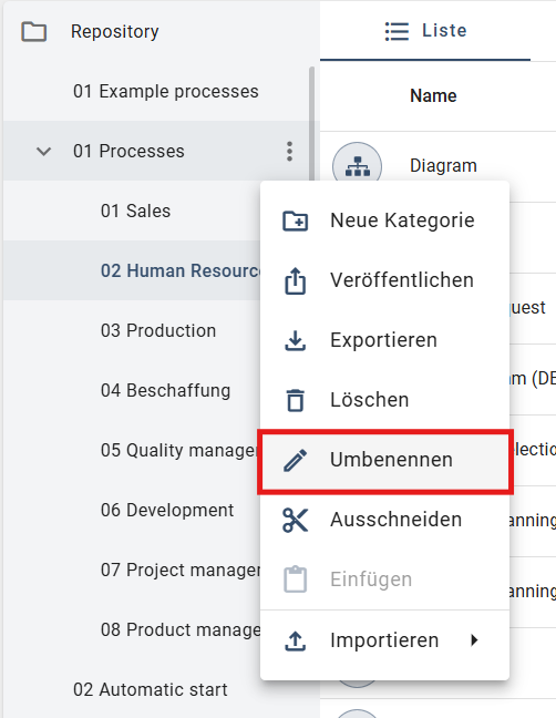 Der Screenshot zeigt die Option "Umbenennen" für die ausgewählte Kategorie.