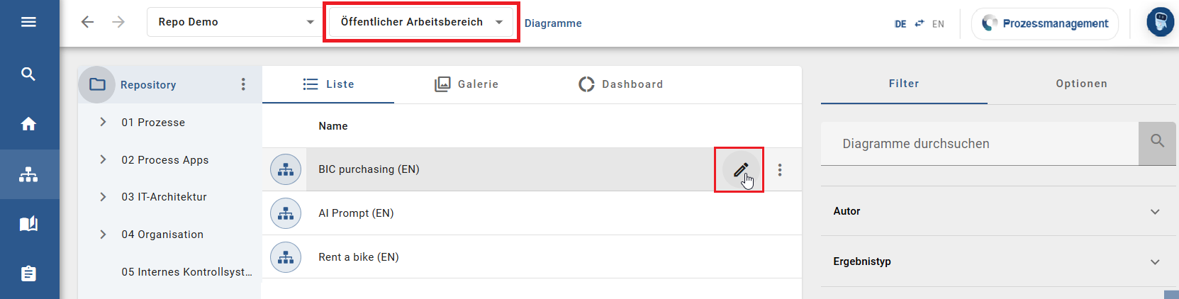 Der Screenshot zeigt die Option, ein Diagramm in der Diagrammliste umzubenennen.