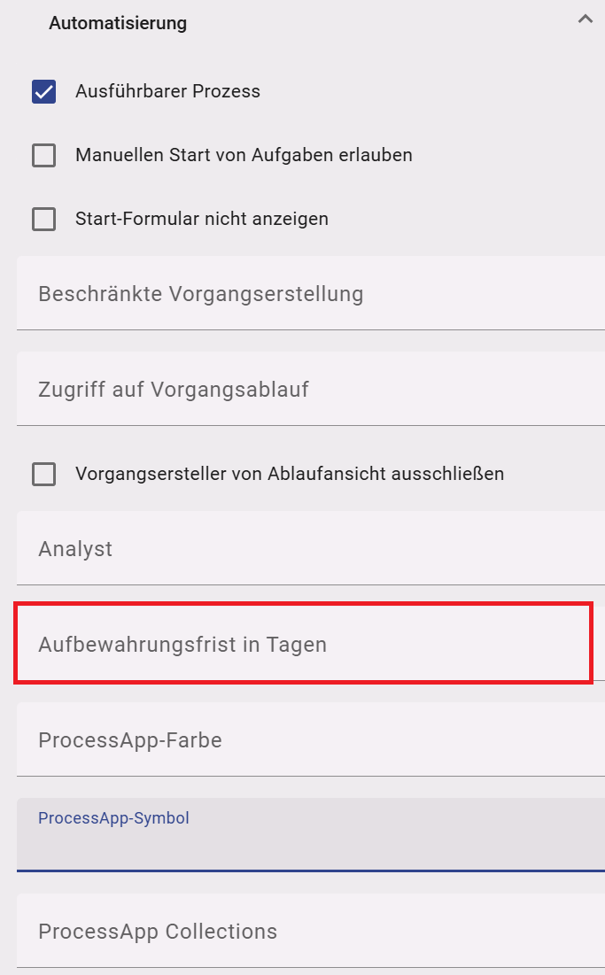 Der Screenshot zeigt die Attributgruppe "Automatisierung", wo das Attribut "Aufbewahrungsfrist" gesetzt werden kann.