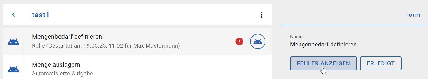 Dieser Screenshot zeigt das manuelle Wiederholen der Aufgabe über den Button "Erneut versuchen".