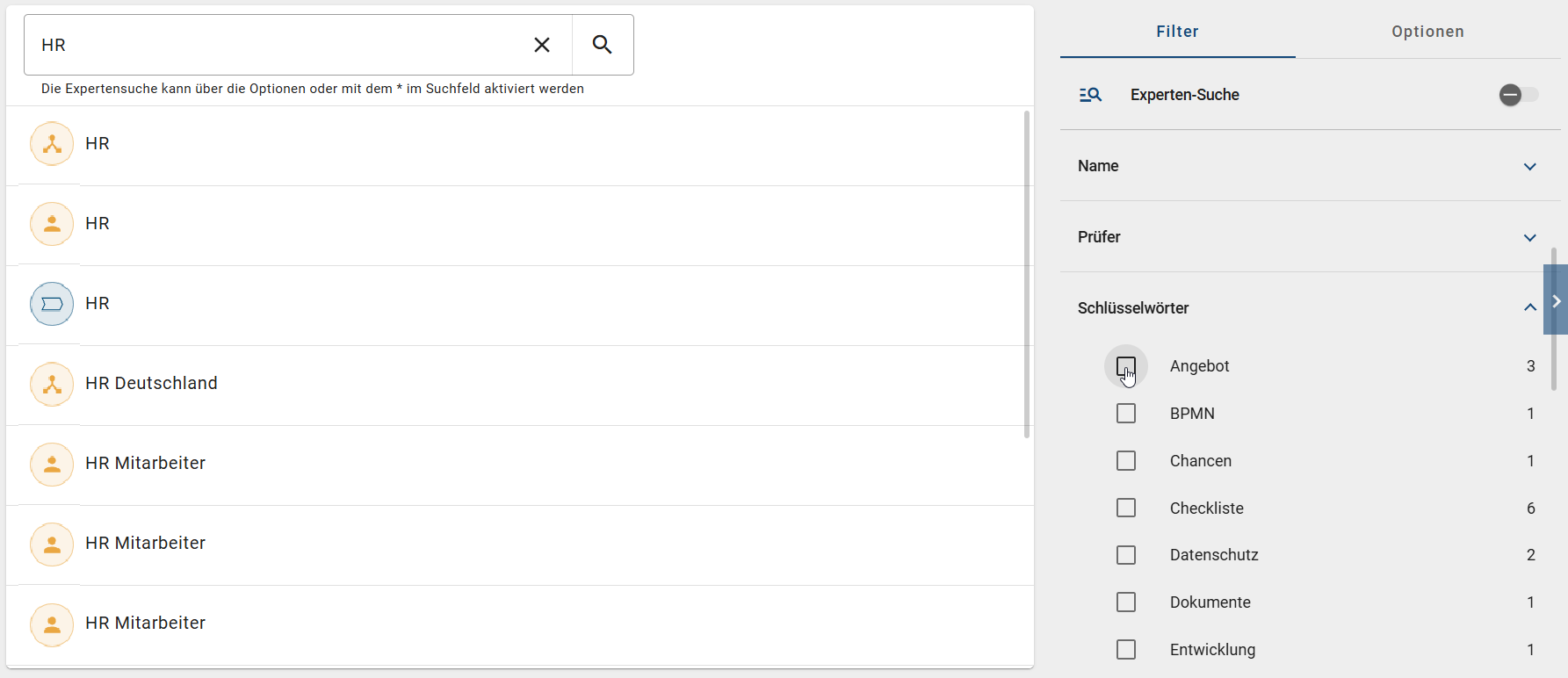 Der Screenshot zeigt die Suchergebnisse der globalen Suche mit aktiviertem Filter.