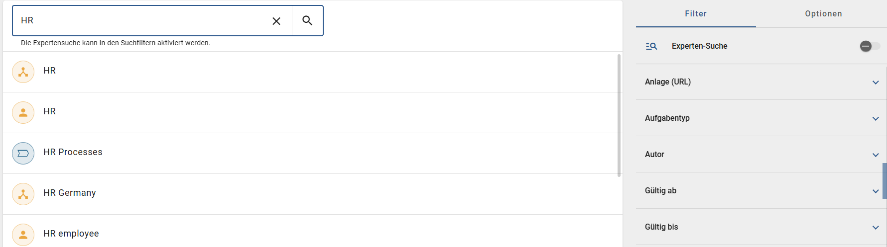 Der Screenshot zeigt die Suchergebnisse der globalen Suche.