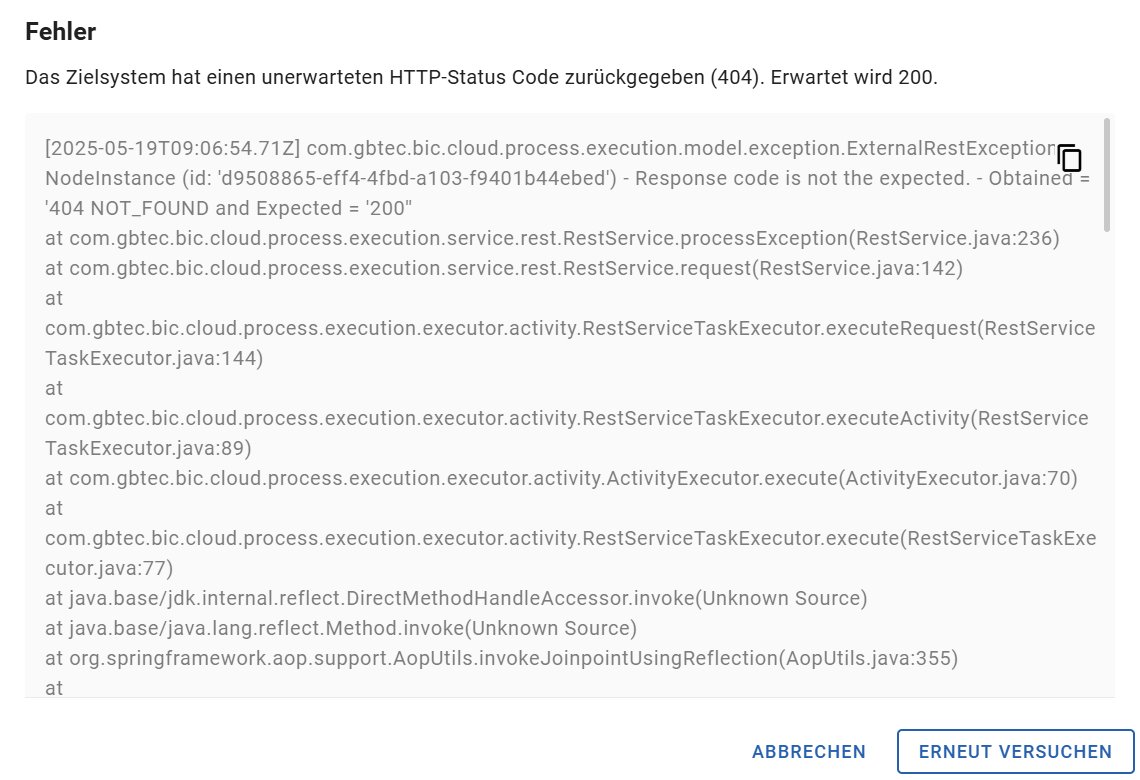 Hier ist die Meldung über den fehlgeschlagenen Service Call zu sehen. Unten rechts ist der Button "Erneut versuchen" enthalten.