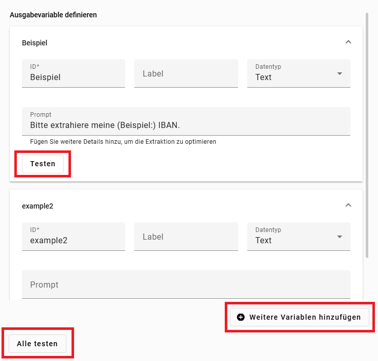 Der Screenshot zeigt die Möglichkeit weitere Variablen hinzuzufügen.