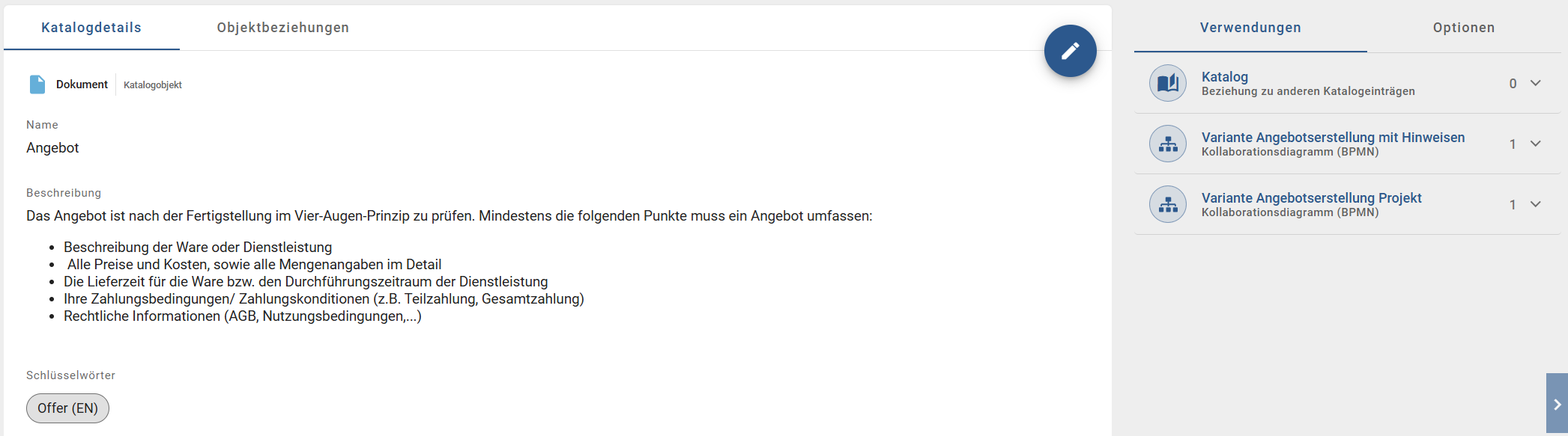 In diesem Screenshot werden die Verwendungen in den Details eines Katalogeintrag in der rechten Seitenleiste angezeigt.