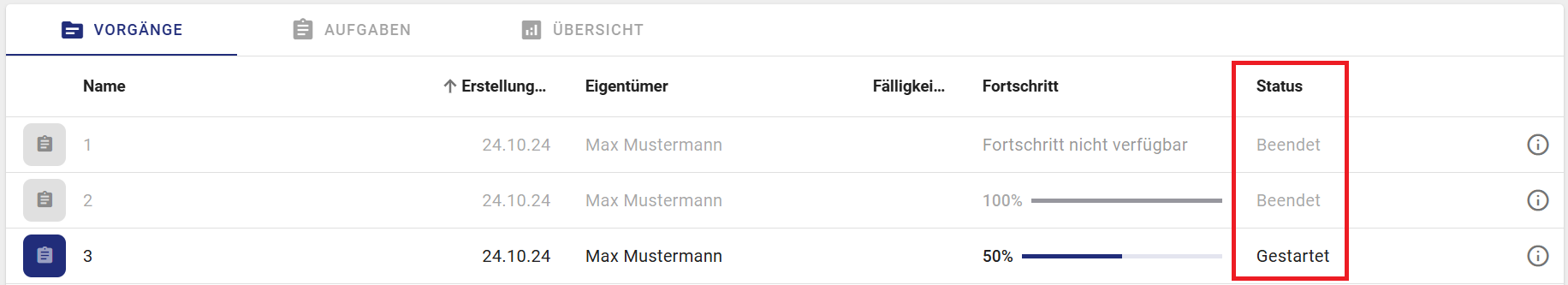 Der Screenshot zeigt die Spalte "Status" in der Vorgangsliste einer ProcessApp.