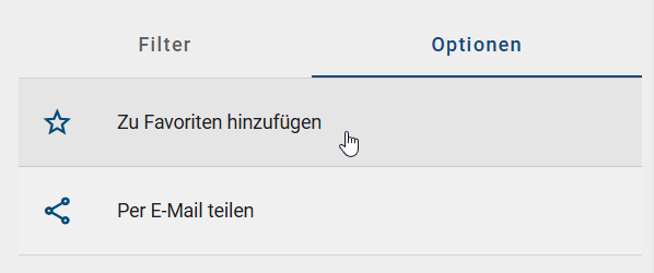 Der Screenshot zeigt die Option "Zu Favoriten hinzufügen" in der rechten Seitenleiste der zentralen Suche in der Registerkarte "Optionen".