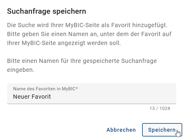 Der Screenshot zeigt den Dialog, in dem die Suche als Favorit benannt werden kann.