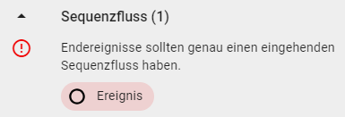 Hier wird ein ungültiger Sequenzfluss in der Validierung angezeigt am Beispiel einer fehlenden eingehenden Sequenz eines