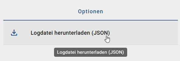 Der Screenshot zeigt die Option "Logdatei herunterladen (JSON)" in der Registerkarte "Optionen" im Audit Trails eines Änderungsworkflows.