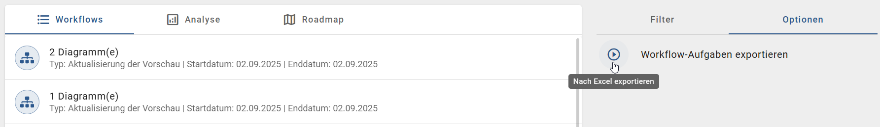Die Option "Workflow Aufgaben exportieren" ist hier dargestellt.