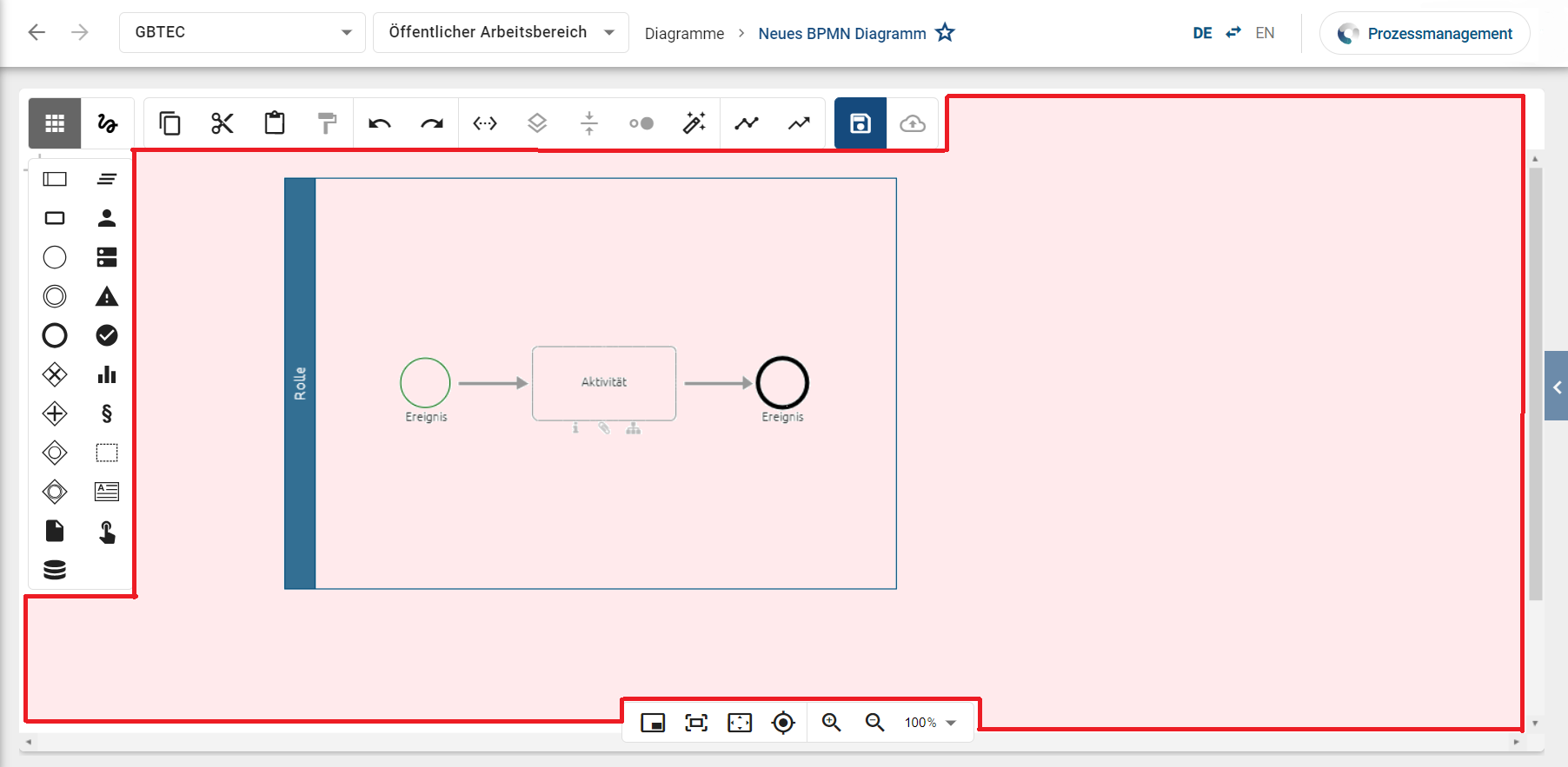 Dieser Screenshot zeigt die verschiedenen Zoom-Bereiche Explorer bzw. Menüleiste und Diagramm.