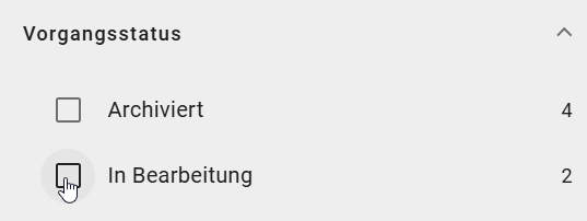 Der Screenshot zeigt die Filterfacette "Vorgangsstatus" in der Registerkarte "Filter" in einer Vorgangsliste.