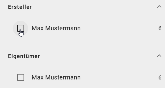 Der Screenshot zeigt das Auswählen eines Eigentümers im Filter.