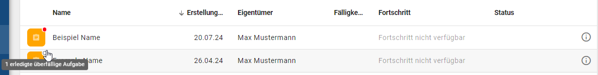 Der Screenshot zeigt einen Eintrag der Vorgangsliste mit rot hervorgehobenem Fortschritt.