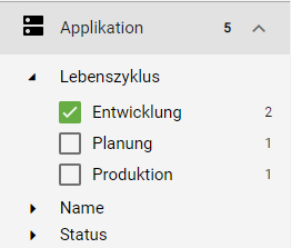 Der Screenshot zeigt die Filtereinstellung der Facette im Katalog.