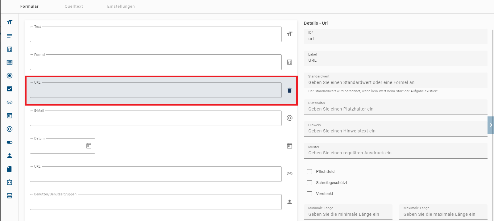 Der hier aufgeführte Screenshot zeigt die Detailübersicht des Formularfelds URL.