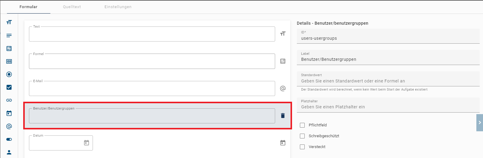 Dieser Screenshot zeigt die Detailübersicht des Formularfelds Benutzer/-gruppe.