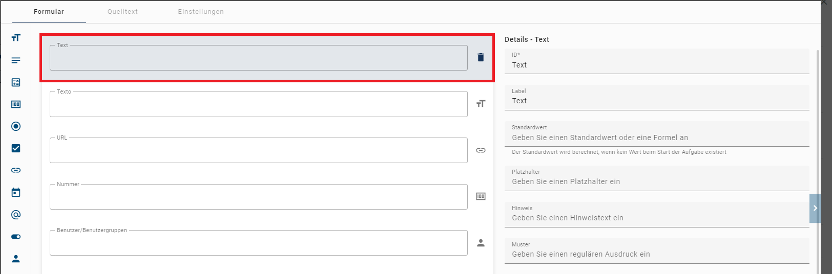 Der hier aufgeführte Screenshot zeigt die Detailübersicht des Formularfelds Text.