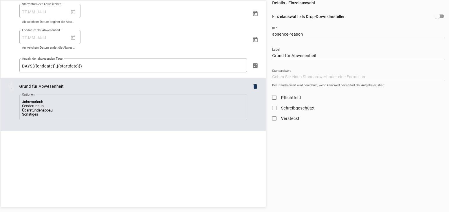Der hier aufgeführte Screenshot zeigt die Detailübersicht des Formularfelds Einzelauswahl.