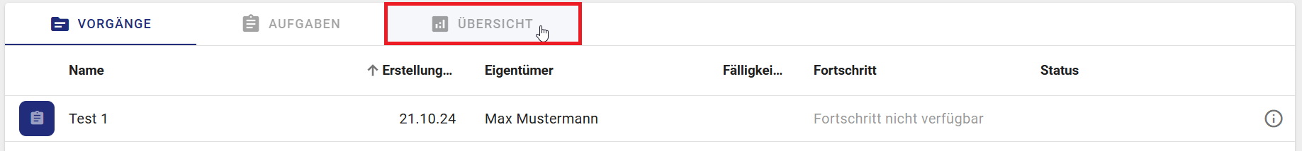 Der Screenshot zeigt die Tabs in der Vorgangsliste einer ProcessApp.