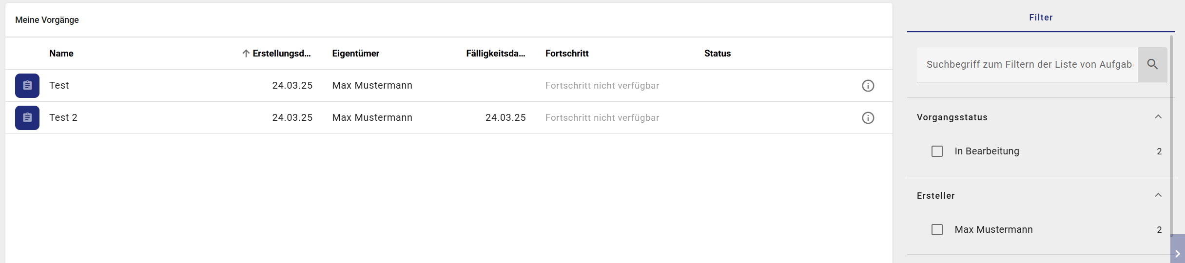 Der Screenshot zeigt Ihnen den Bereich "Meine Vorgänge".