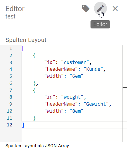 Der Screenshot zeigt den "ProcessApp Quick Editor" mit dem Spaltenlayout.